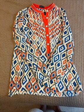 Roar Blue & Orange Embroidered Printed Button-Up Tunic with Open Sleeves